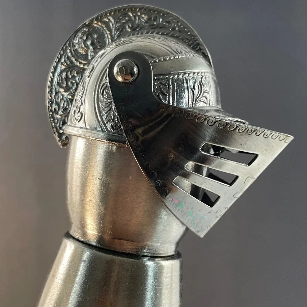 Vintage Medieval Knight Helmet Liquor Pourer Silver Metal Barware Movable Visor